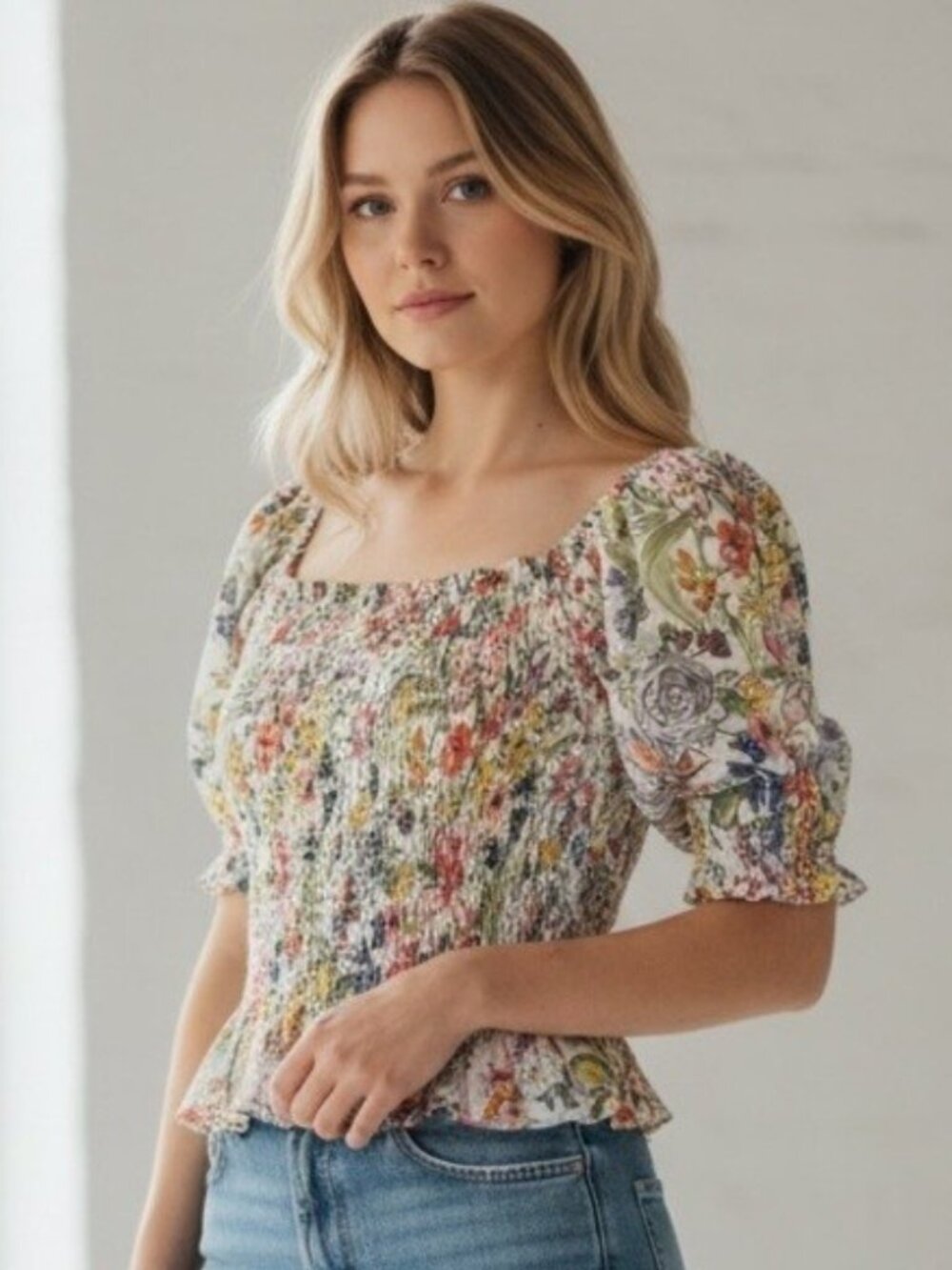 Anthropologie Smocked Floral Puff Sleeve Cottagecore Peplum Blouse Size S